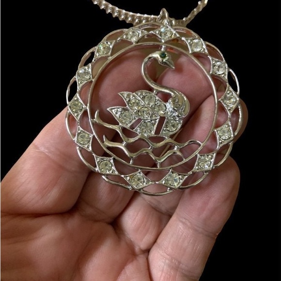 Sarah Coventry Vintage 1970 Swan Pendant/Necklace Blue Eye Rhinestones - Picture 2 of 5